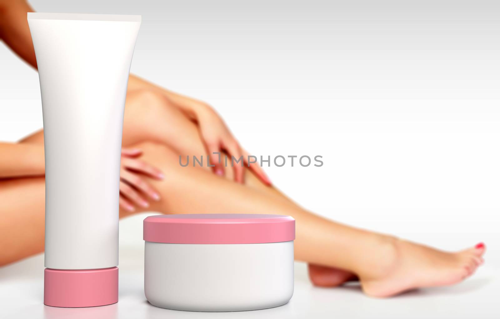 Long female legs and hands with anti-cellulite cream in tube and by Nobilior