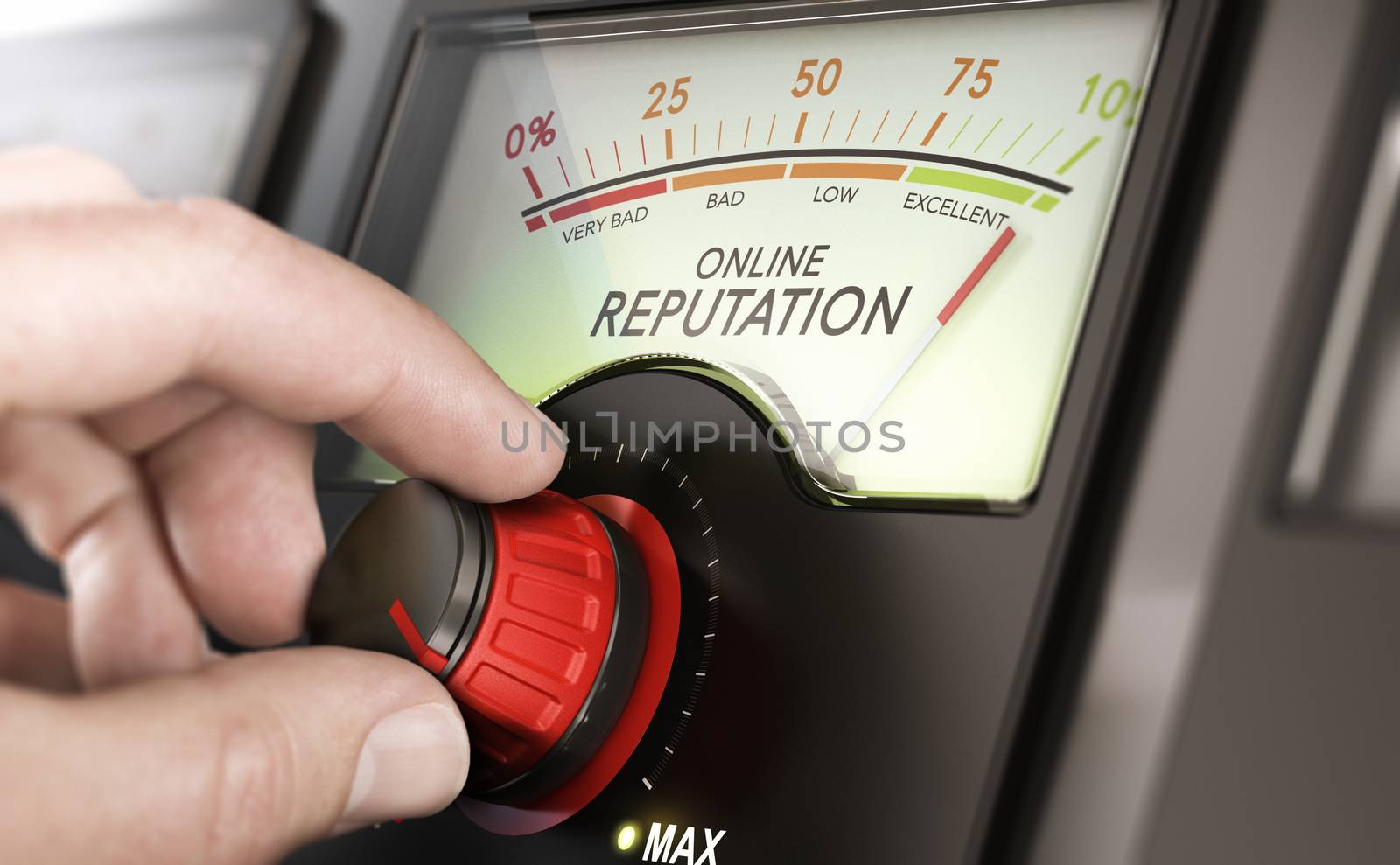 Man turning a knob to improve company online reputation management. Composite image between a hand photography and a 3D background.