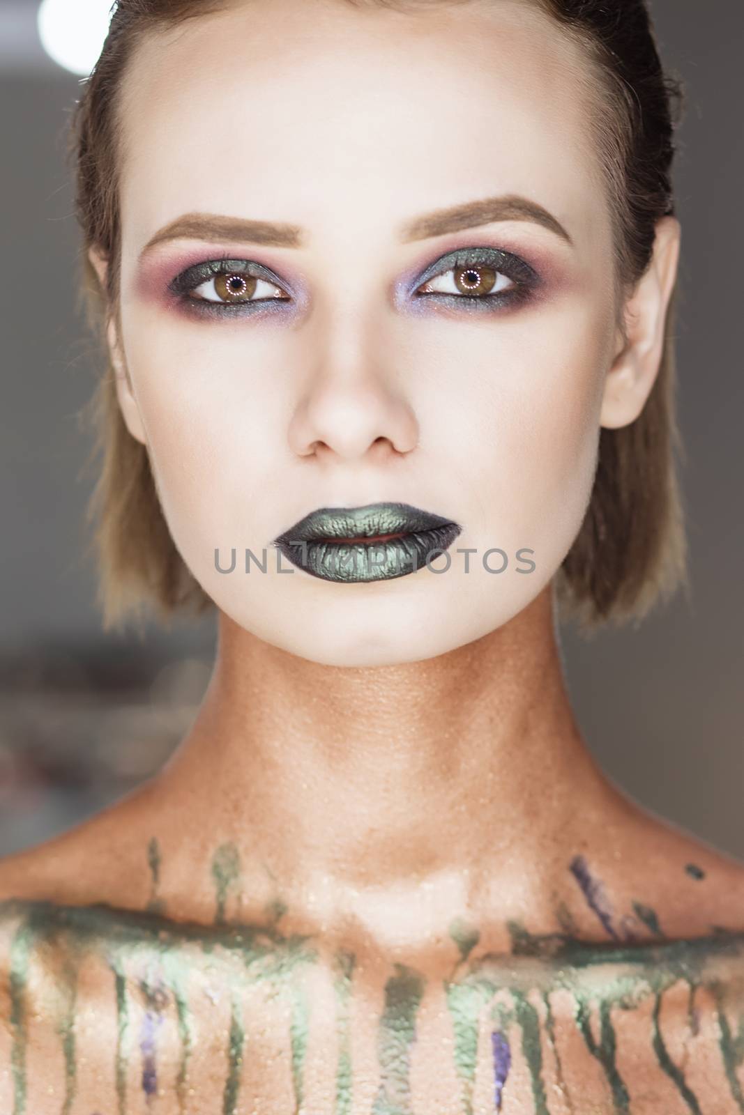Fashion Green Sexy Lips and Closeup. Open Mouth. Make up concept. Kiss.