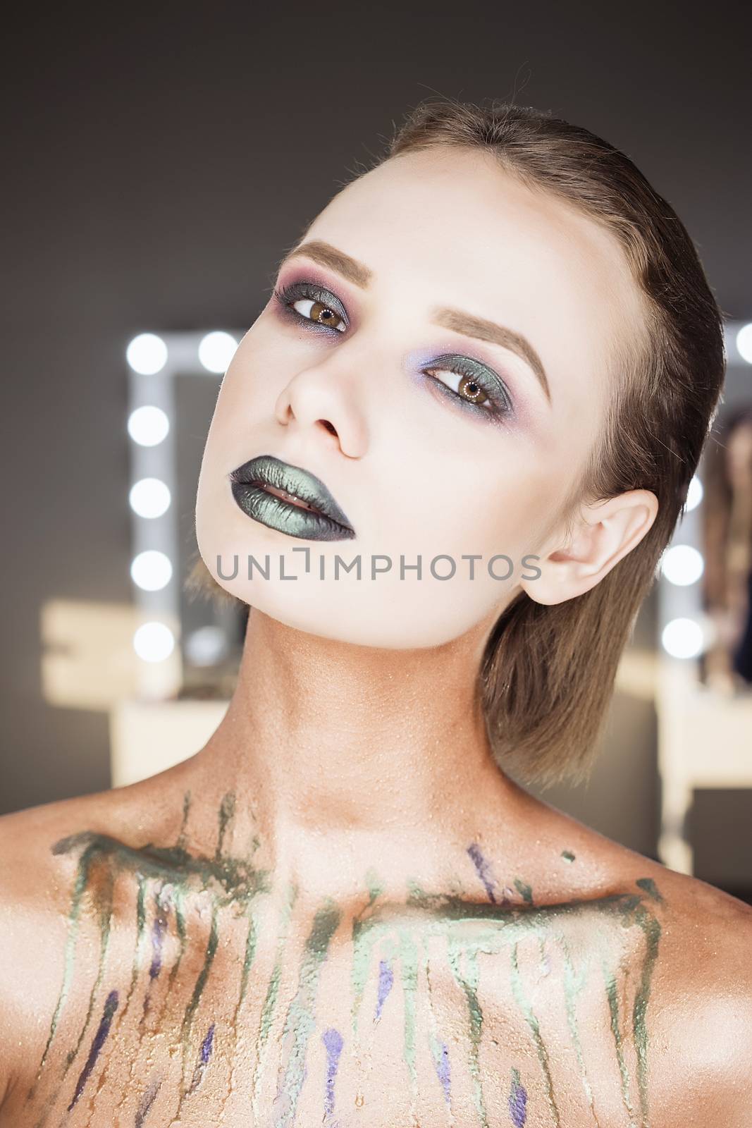 Fashion Green Sexy Lips and Closeup. Open Mouth. Make up concept. Kiss.