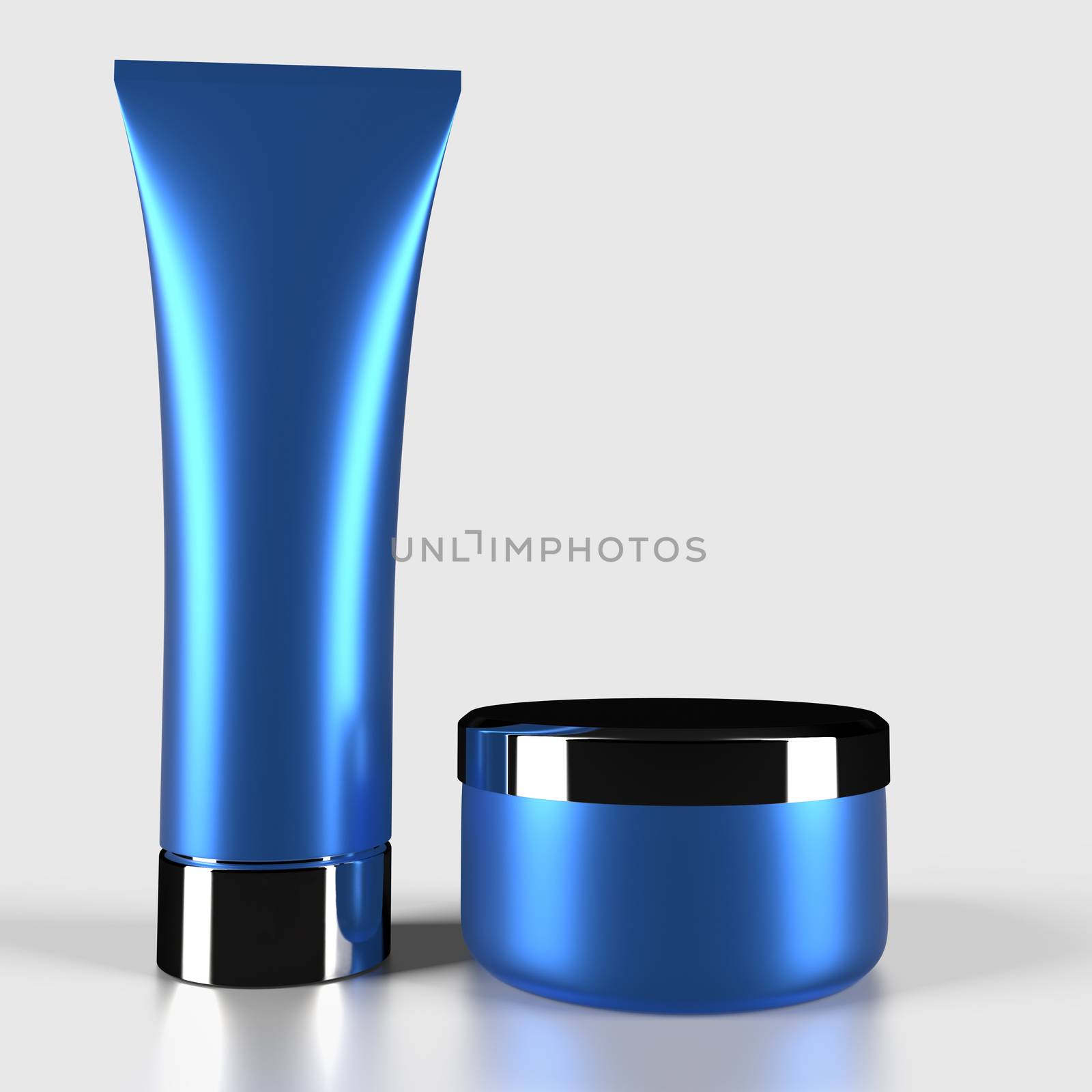 Blue tube and jar with cosmetics. 3D rendering by Nobilior