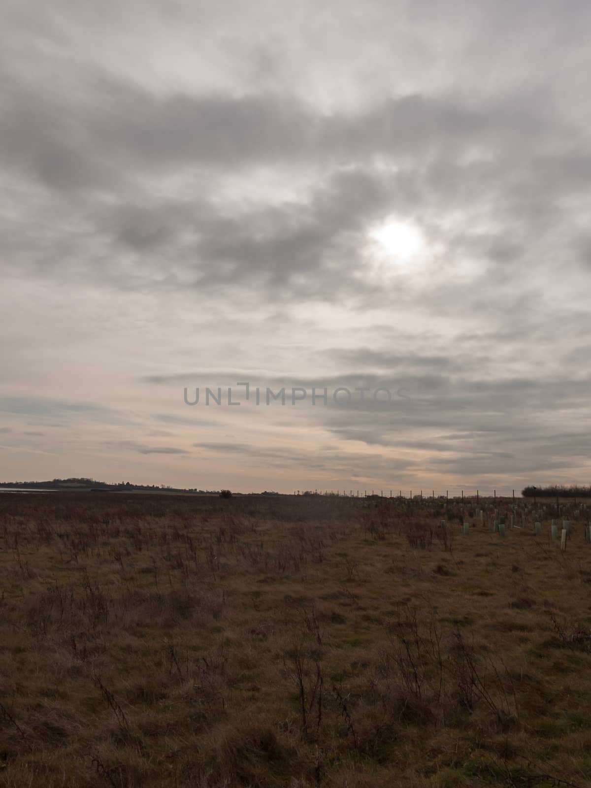 moody dark sky above field of grass sun setting autumn; essex; england; uk