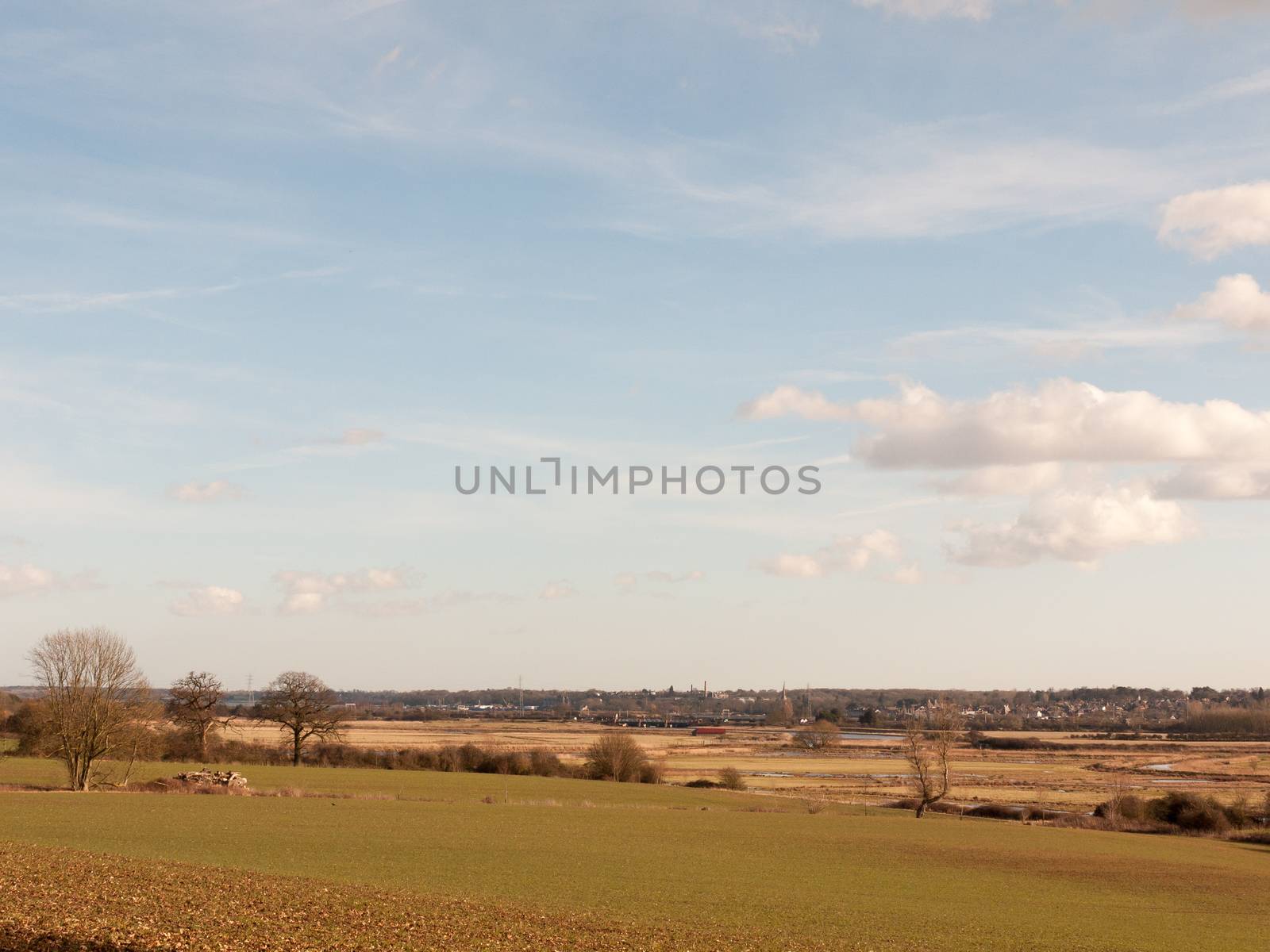 large open grass plain field with blue cloudy sky background nature; essex; england; uk