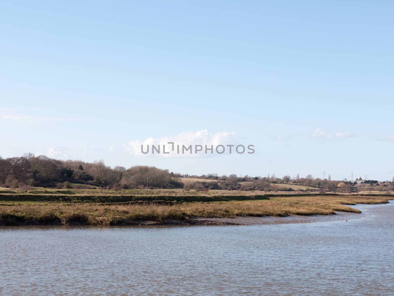 view of river stream in spring with horizon empty country; essex; england; uk