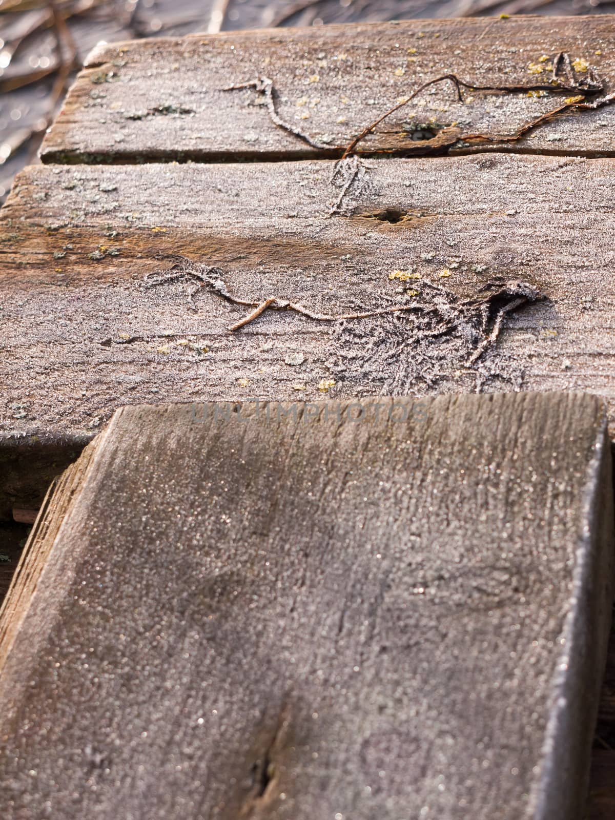 close up of frosty cold icy wooden plank texture; essex; england; uk