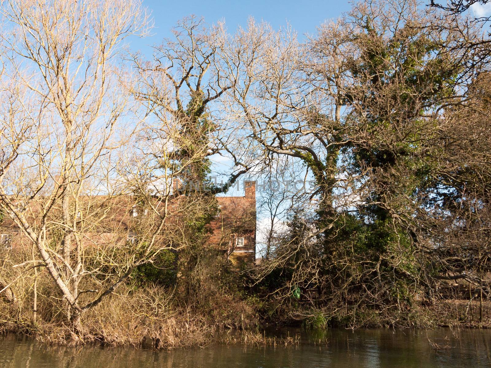 flatford mill house spring from across the lake on side river stour constable country close up; essex; england; uk