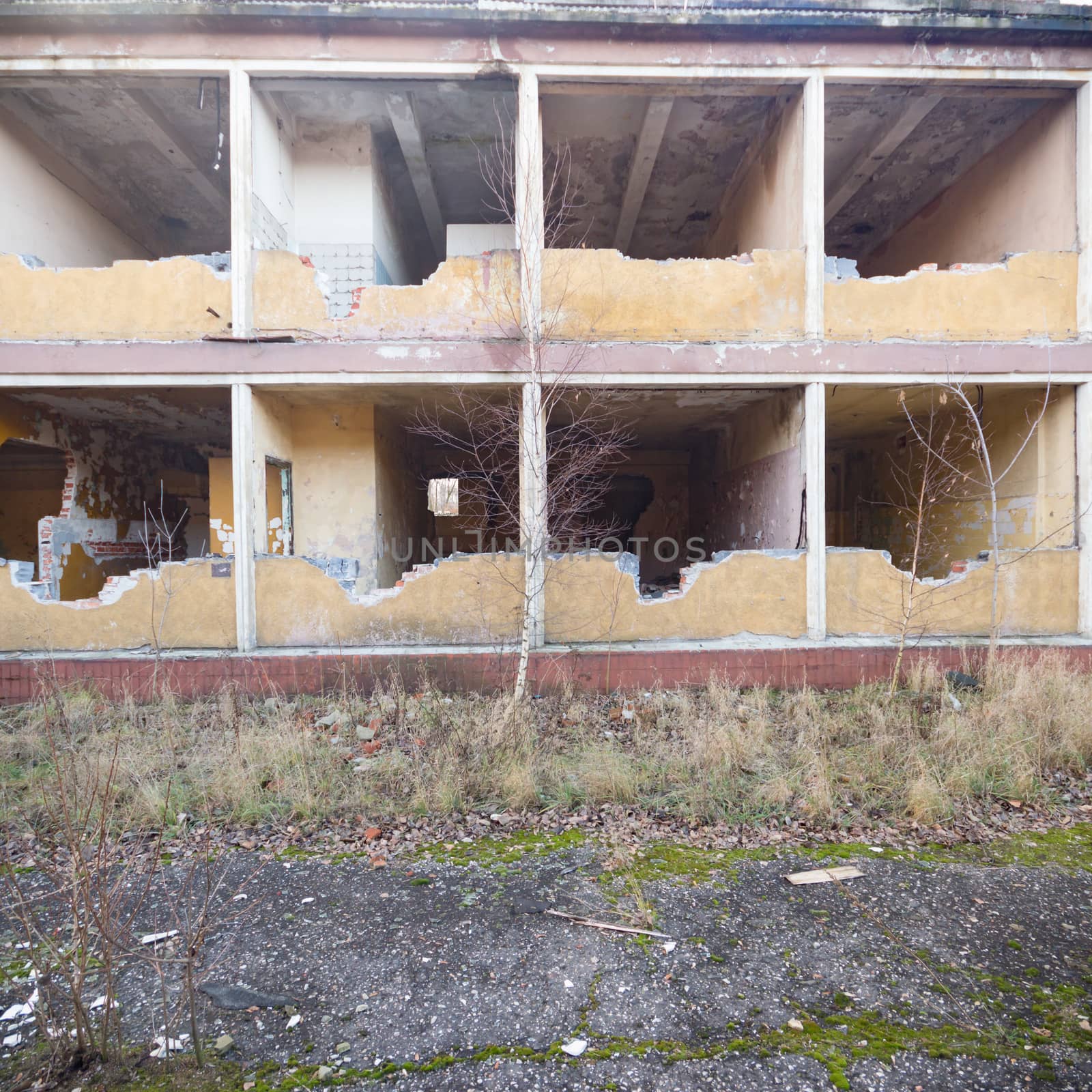 wide angle view of an old wall abandoned factory building