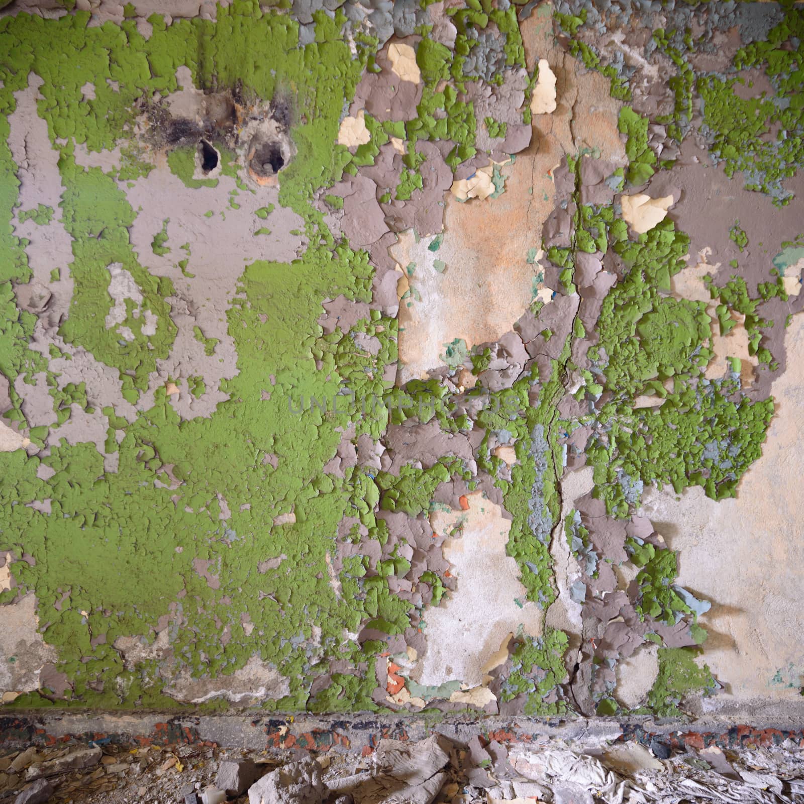 wide angle view of an old wall abandoned factory building