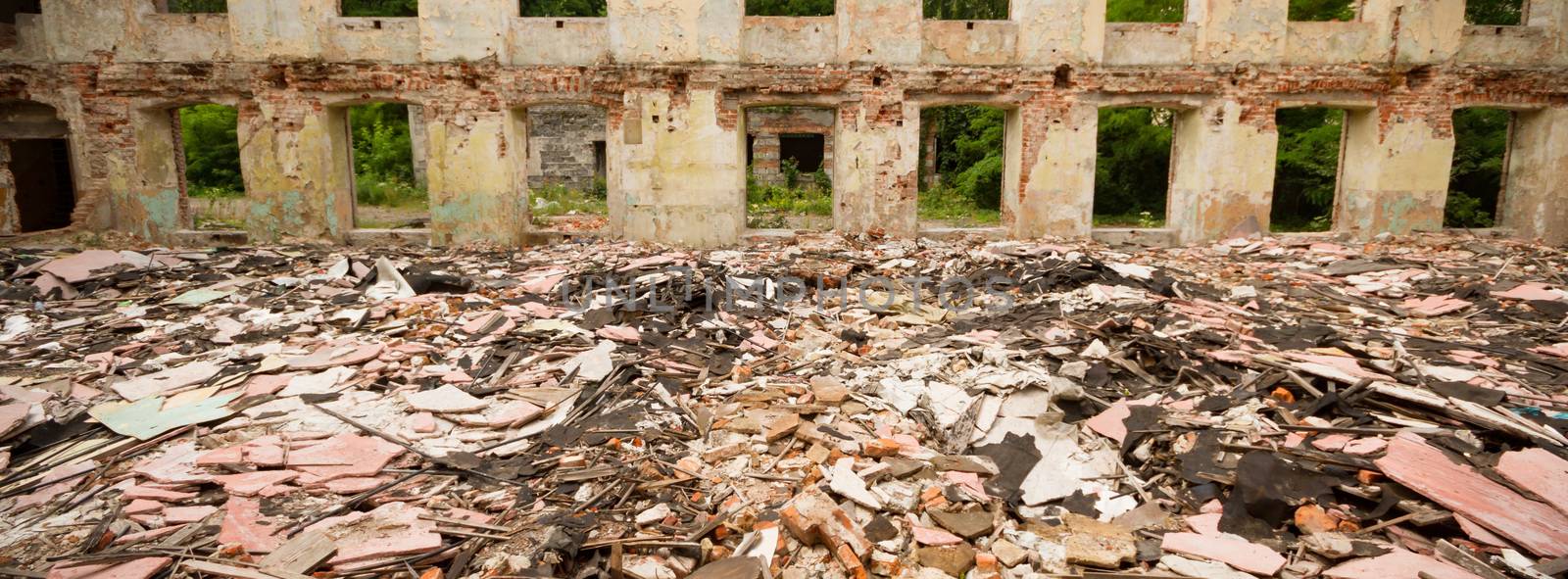 wide angle view of an old wall abandoned factory building