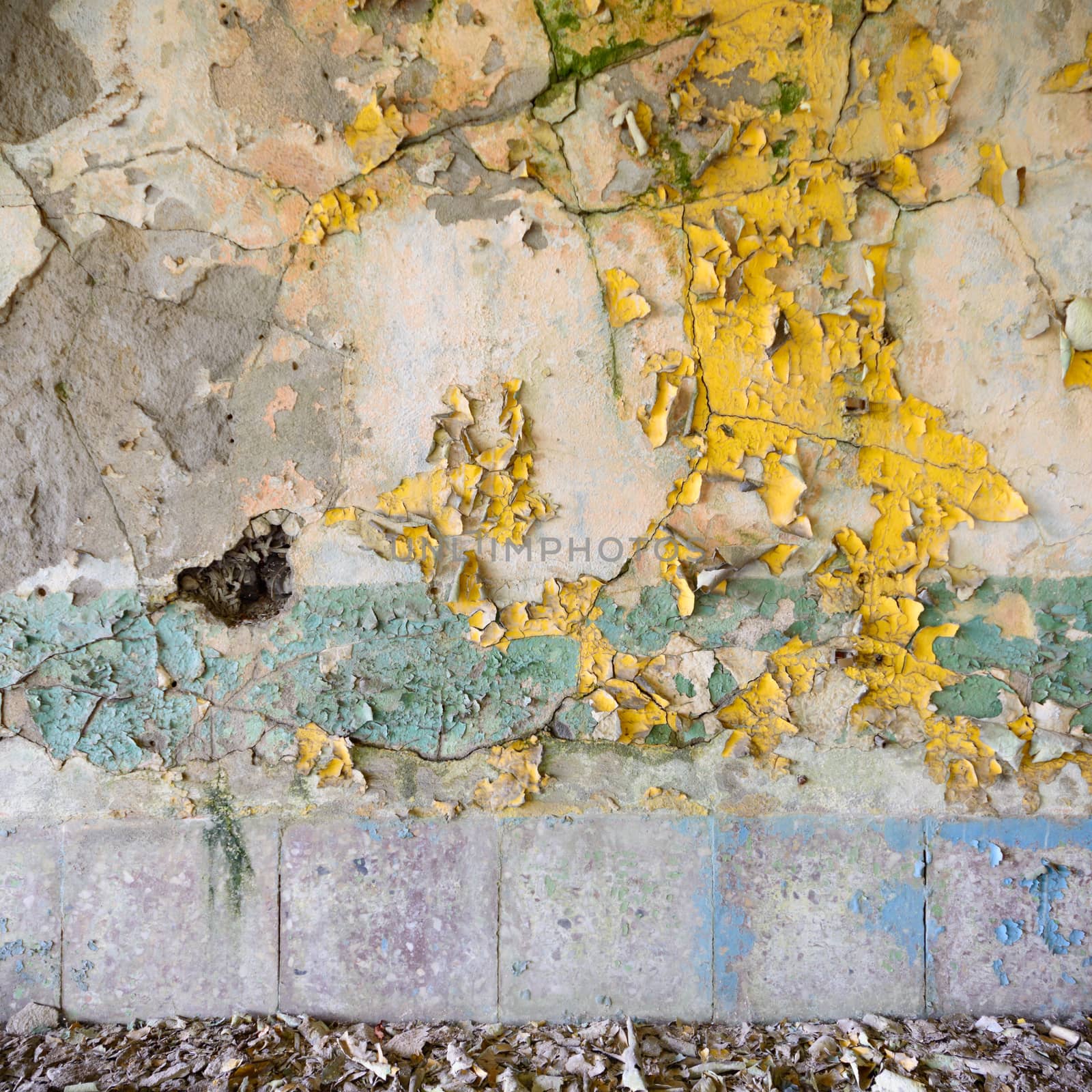 wide angle view of an old wall abandoned factory building