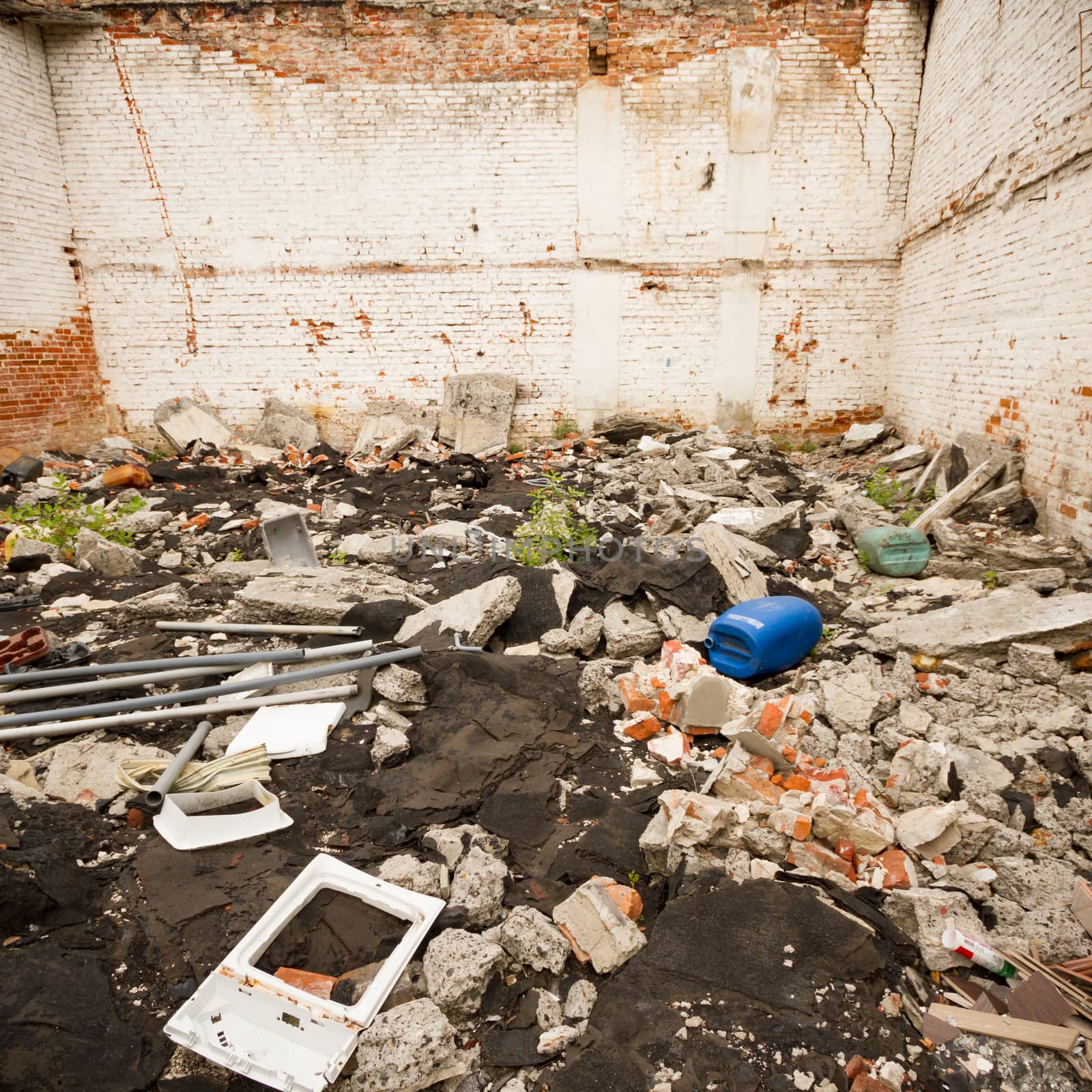 wide angle view of an old wall abandoned factory building