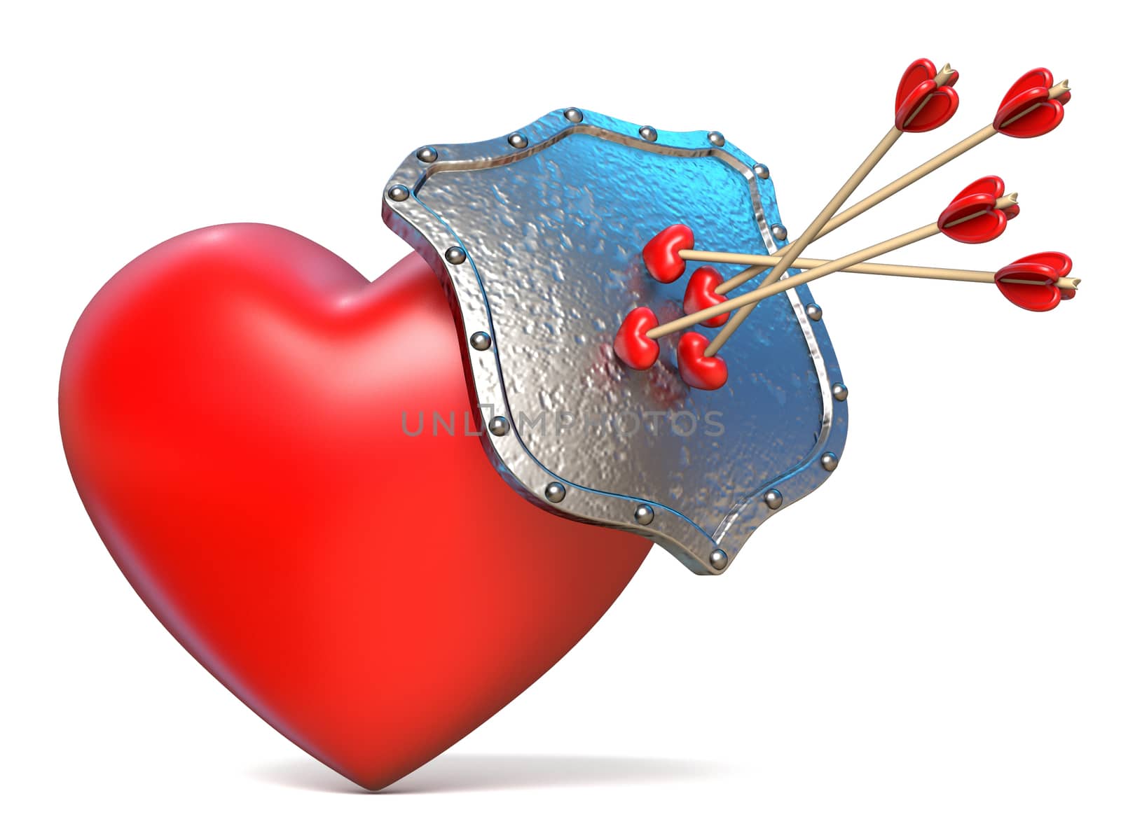 Arrows on shield and red heart 3D render illustration isolated on white background