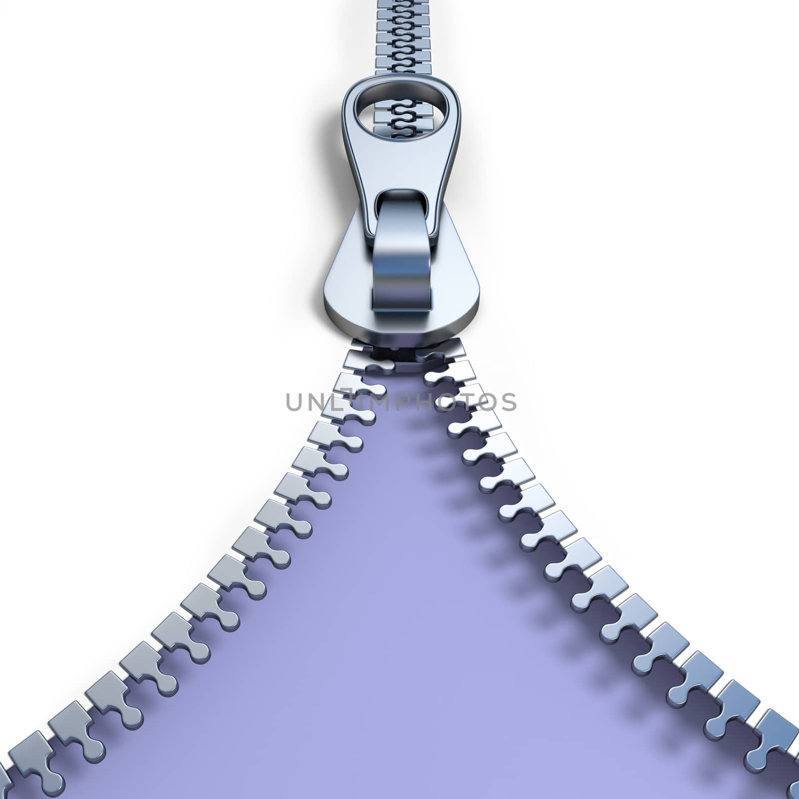 Metal zipper on purple background front view 3D render illustration isolated on white