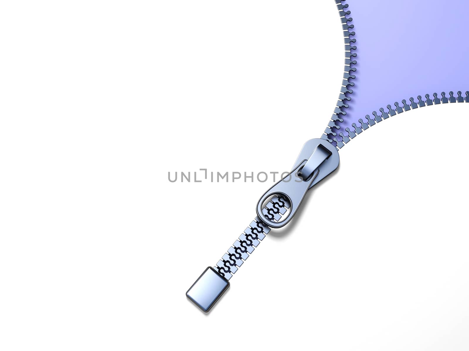 Metal zipper on purple background diagonal view 3D render illustration isolated on white