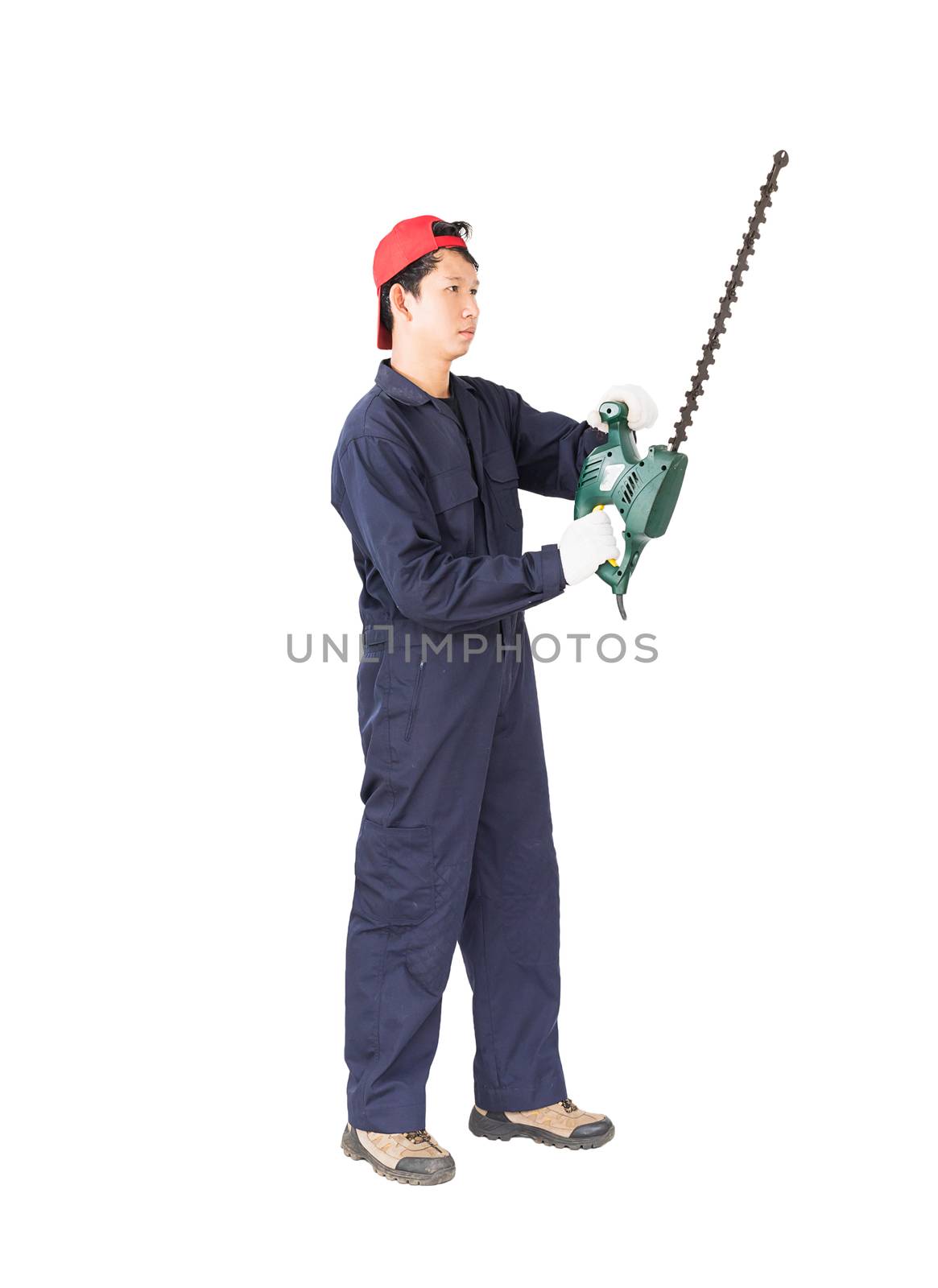 Young gardener in uniform hold lawn mower is a garden tools ,Cut out isolated on white background