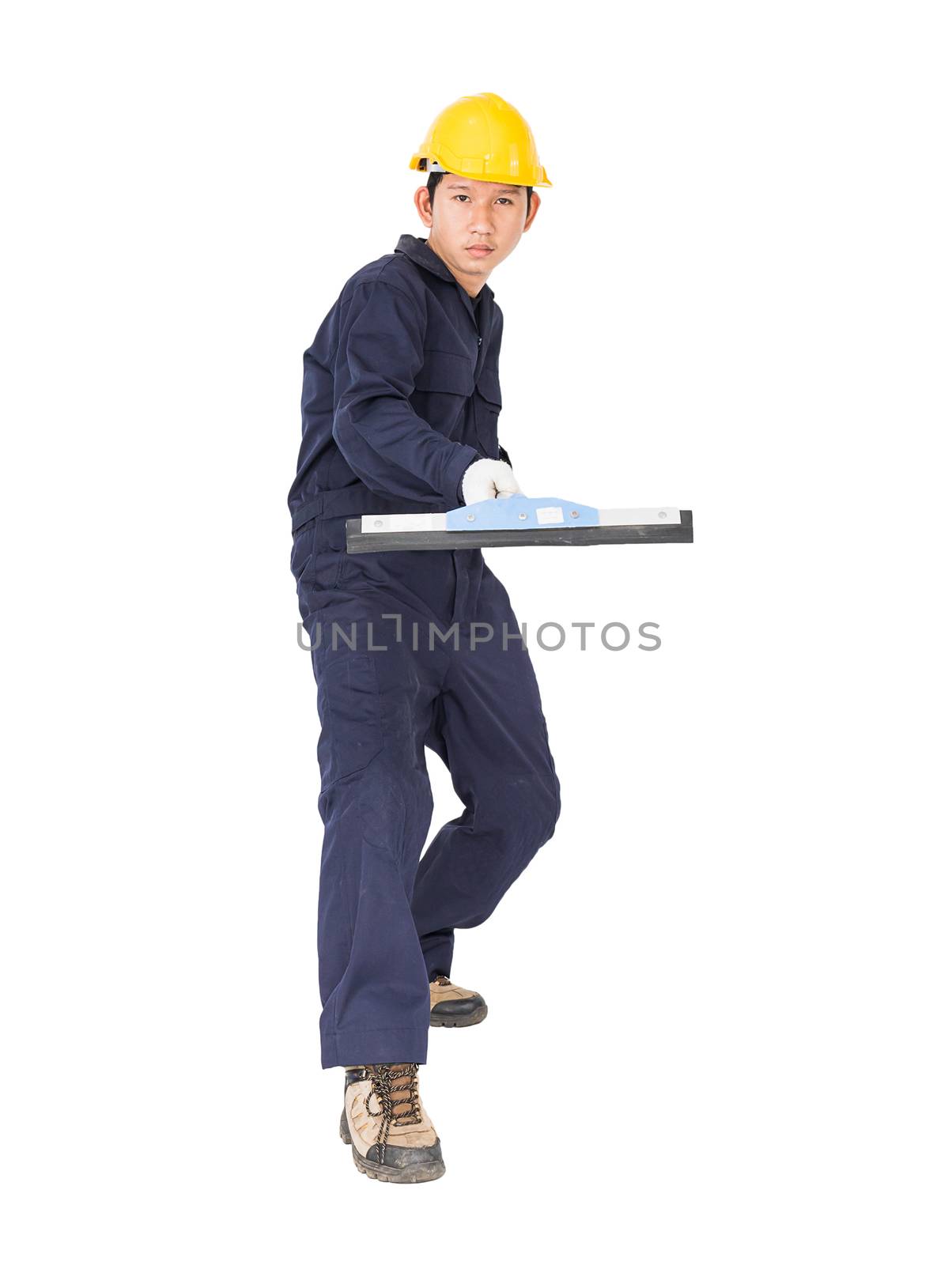 Young man in uniform hold mop for cleaning glass window, Cut out isolated on white background