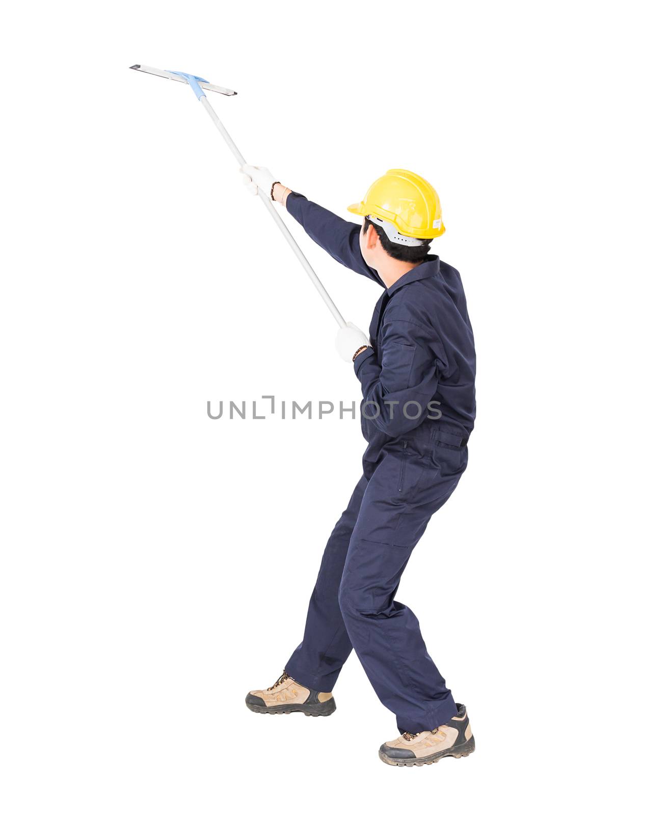 Young man in uniform hold mop for cleaning glass window, Cut out isolated on white background