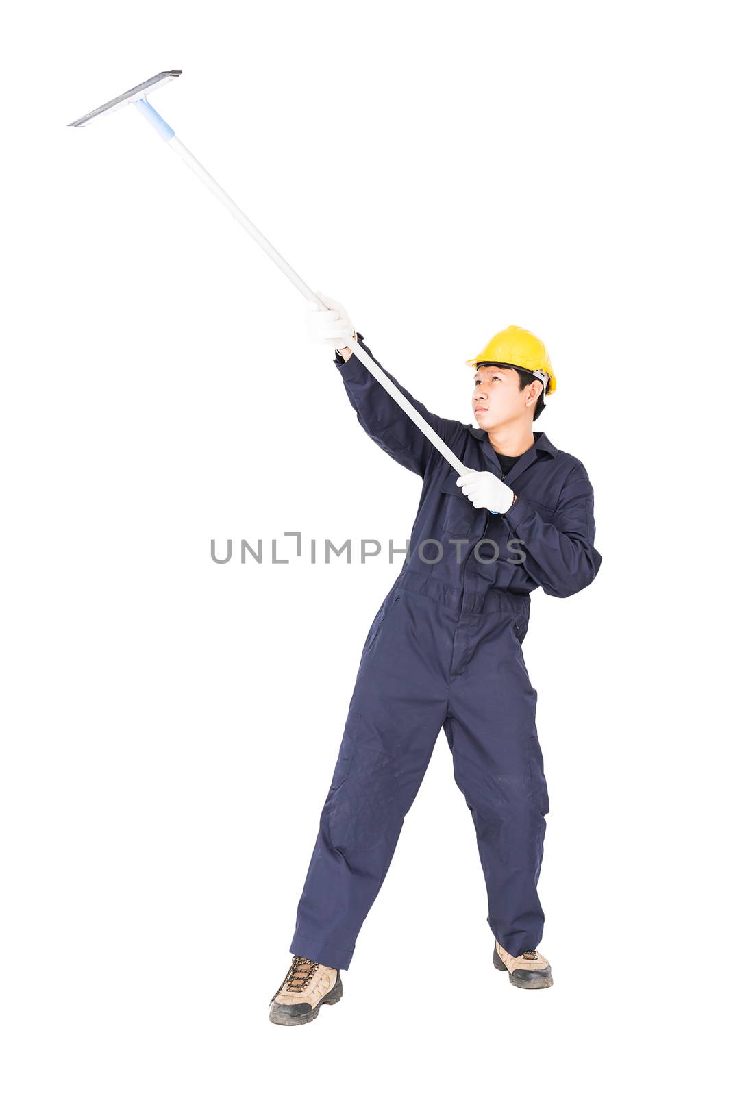 Young man in uniform hold mop for cleaning glass window, Cut out isolated on white background