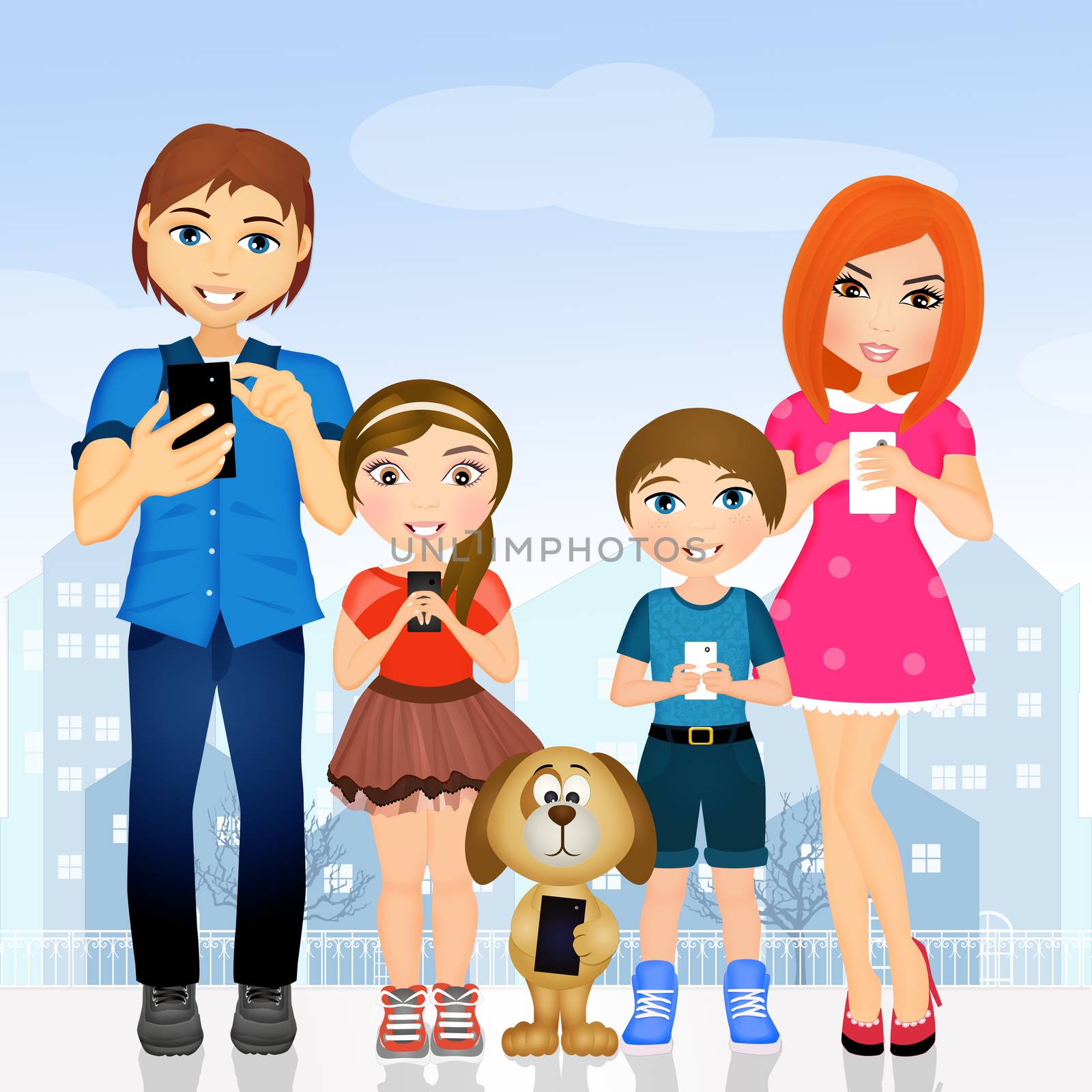 illustration of nice family illustration with cell phones