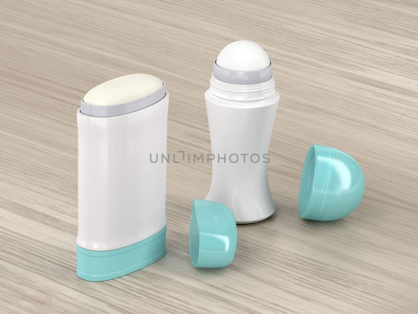 Antiperspirant roll-on and stick on wooden table