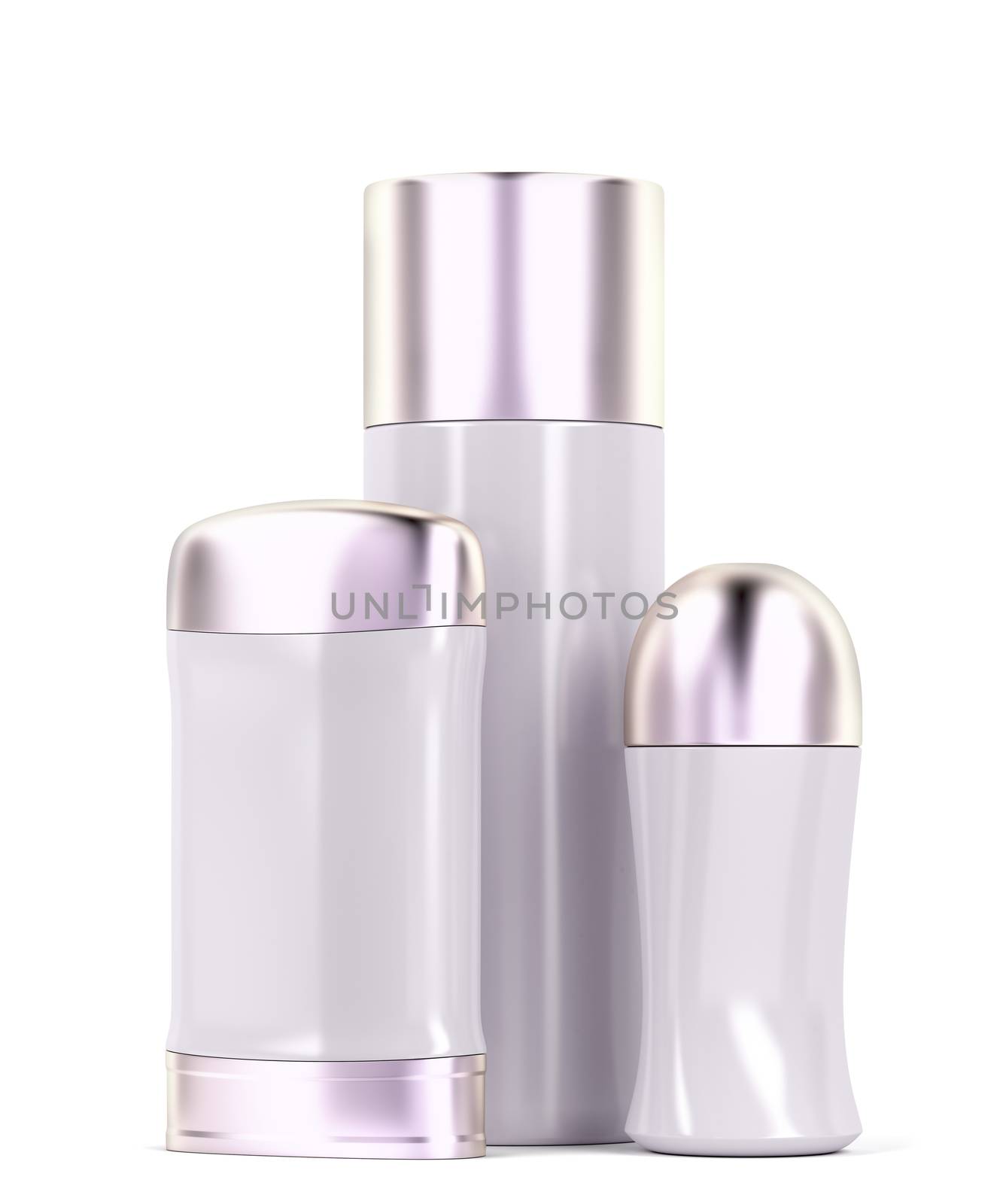 Roll-on, body spray and stick antiperspirant deodorants on white background