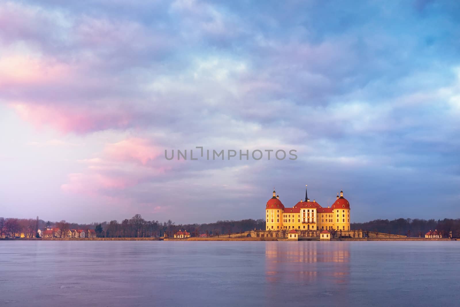 sunrise view in winter on Moritzburg castle named after Duke Moritz of Saxony, Germany