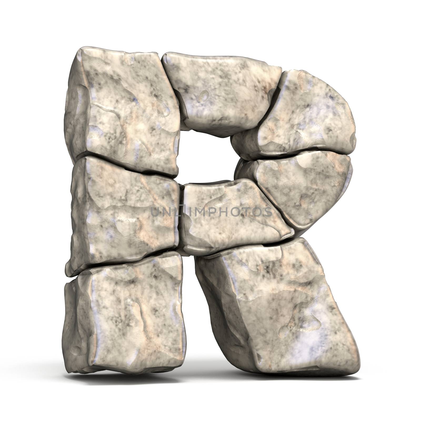 Stone font letter R 3D render illustration isolated on white background