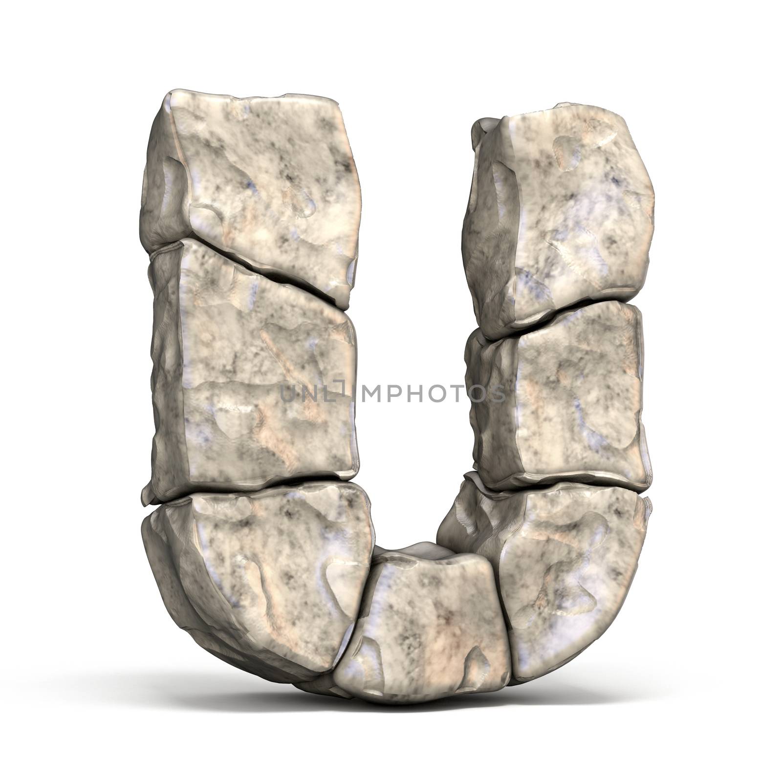 Stone font letter U 3D render illustration isolated on white background