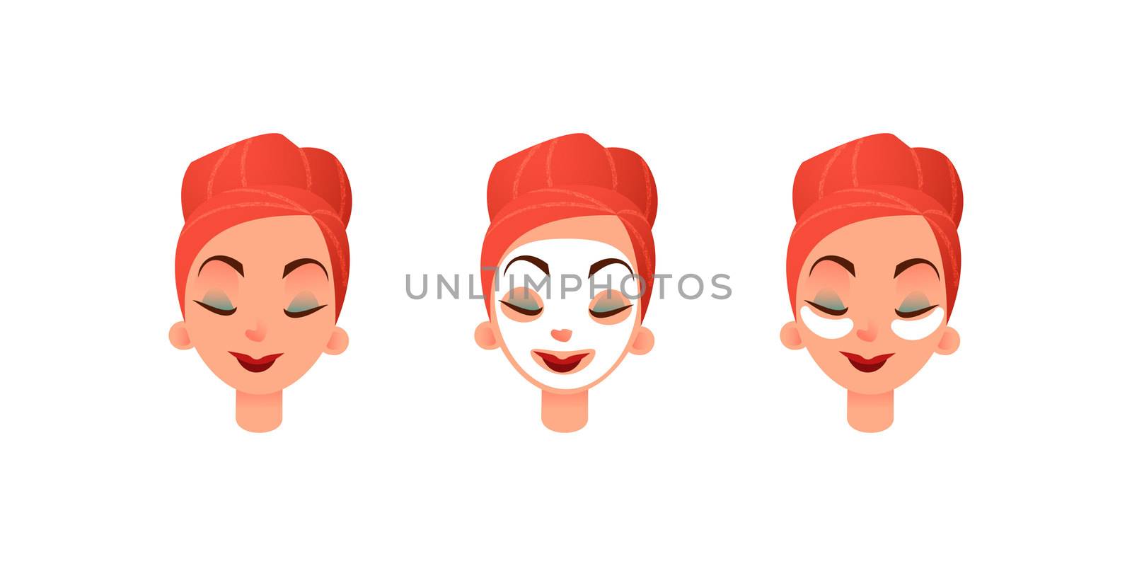 Beautiful women s faces. Girl with purifying mask and eye patches against circles under the eyes. Facial and eye care. Flat illustration by Elena_Garder