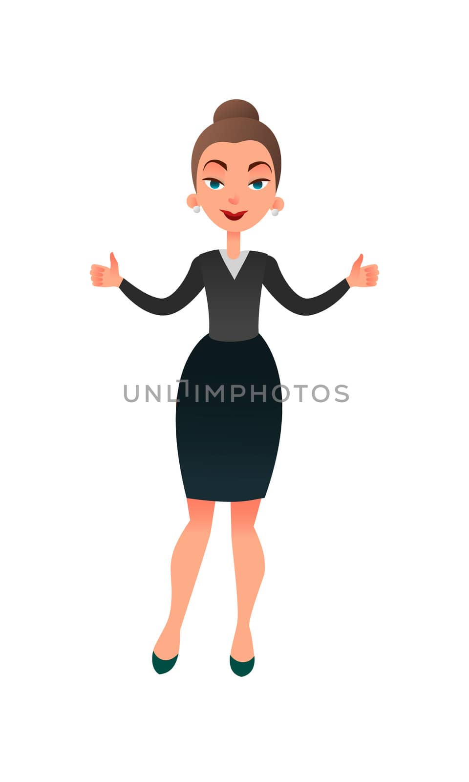 Cartoon flat business lady makes her thumbs up. Confident businesswoman focused on success. Cheerful manager giving thumbs up by Elena_Garder