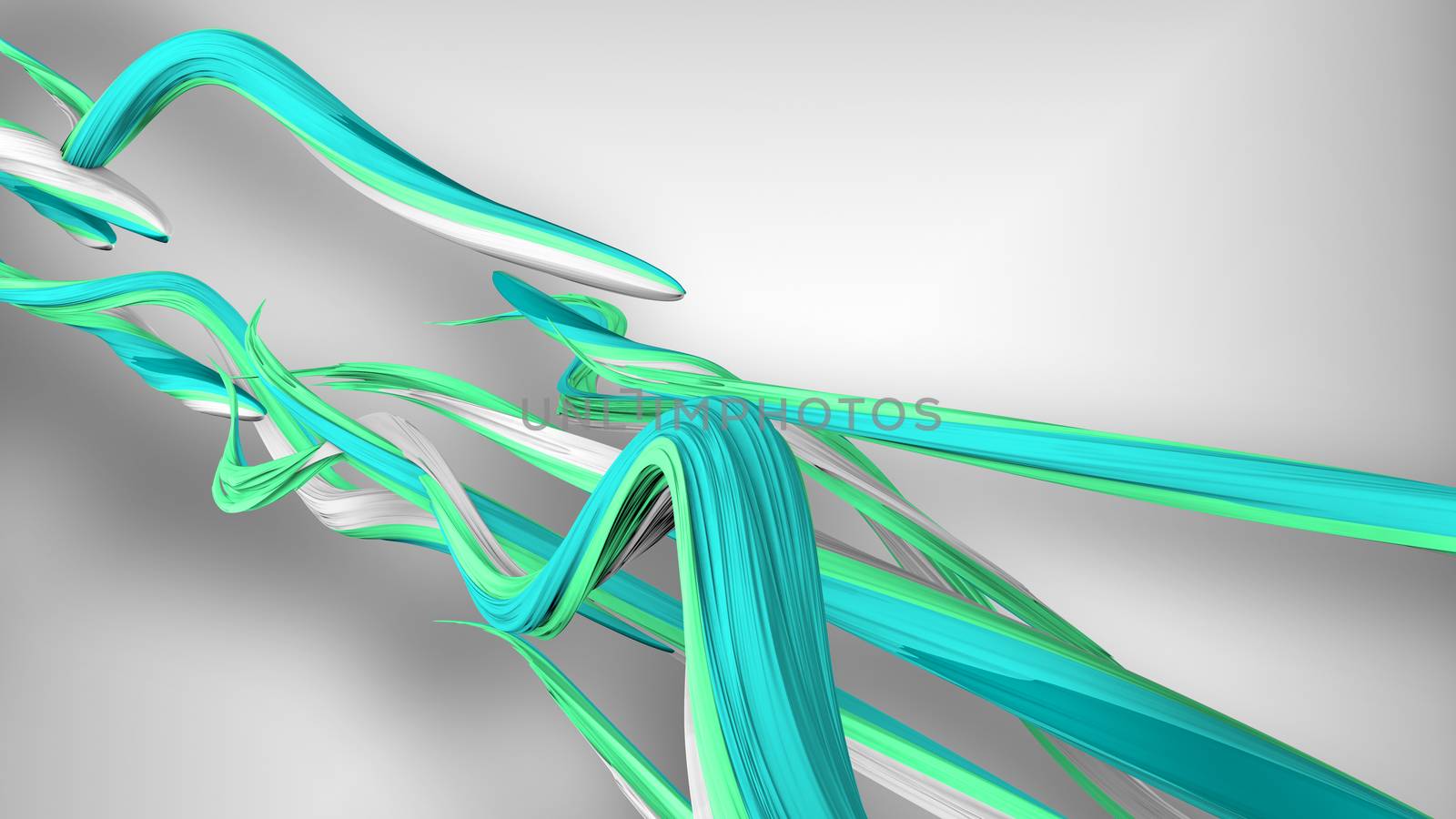 An avant-garde 3d illustration of fidgeting multicolored strokes in the grey background. They are of white, blue and green colors. They writhe like snakes with each other.