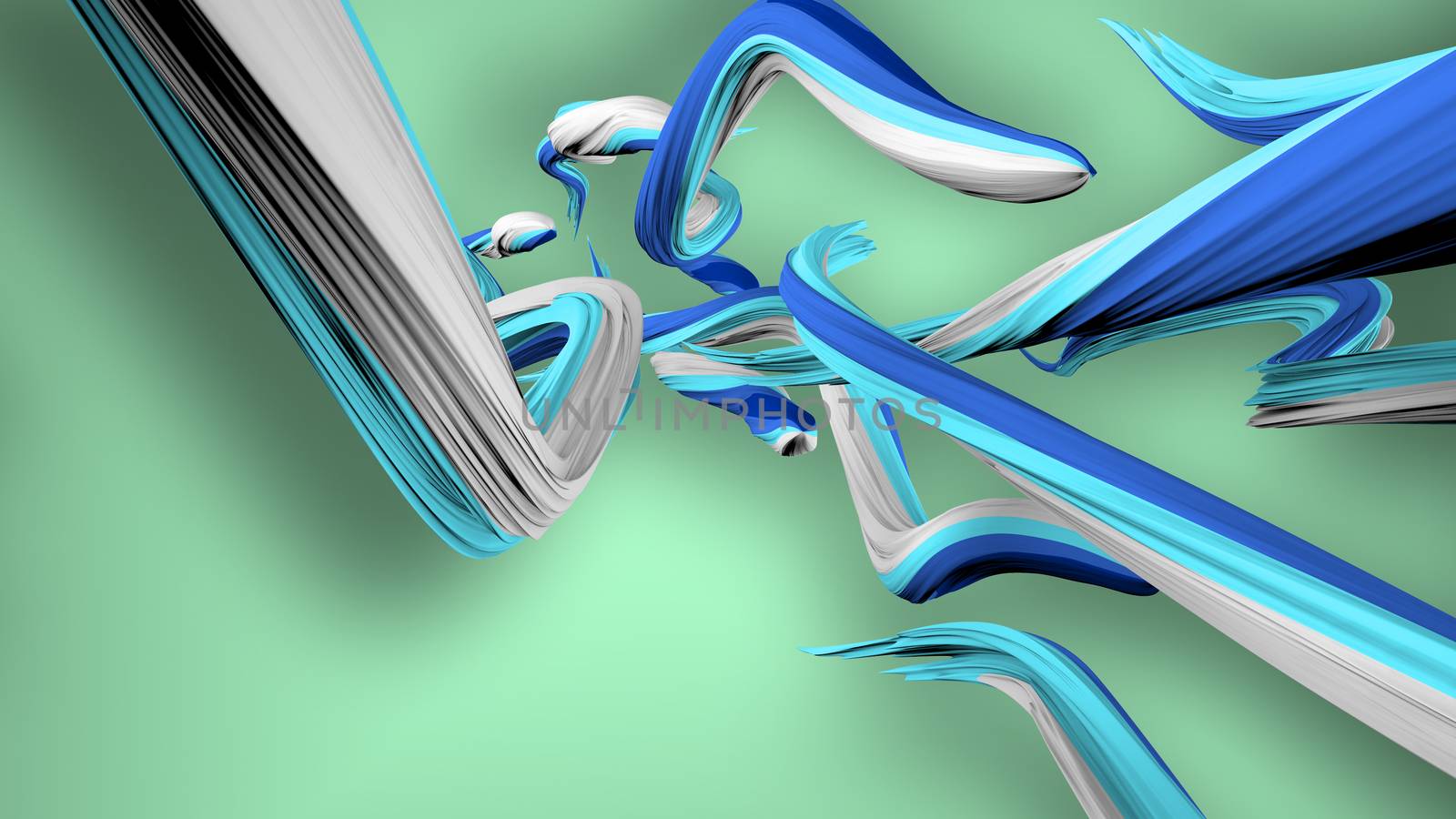An arty 3d rendering of coiling strokes in the khaki background. They are of white, blue and turquoise colors. They mingle like slimy eels with each other