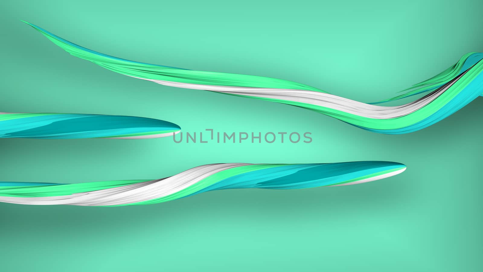 An impressive 3d illustration of multicolored strokes in the grey background. They are of white, green, and blue colors. They move horizontally like slimy snakes.