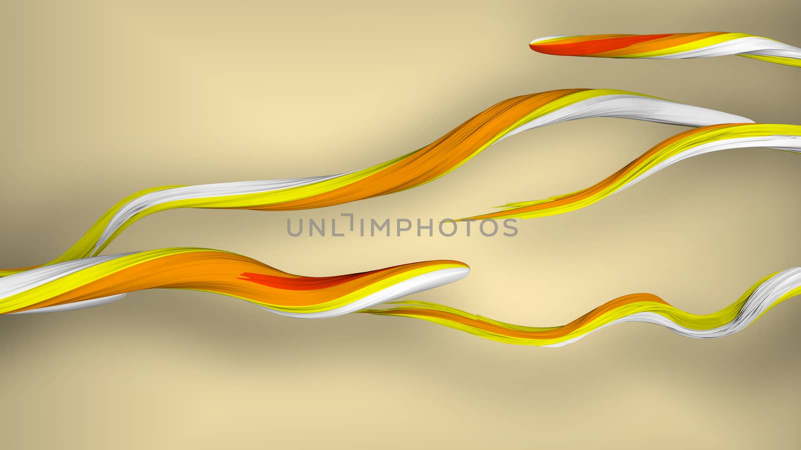 An exciting 3d illustration of smart strokes creeping quickly in the orange background. They are of white, orange, and yellow colors. They move towards each other like whirling eels.