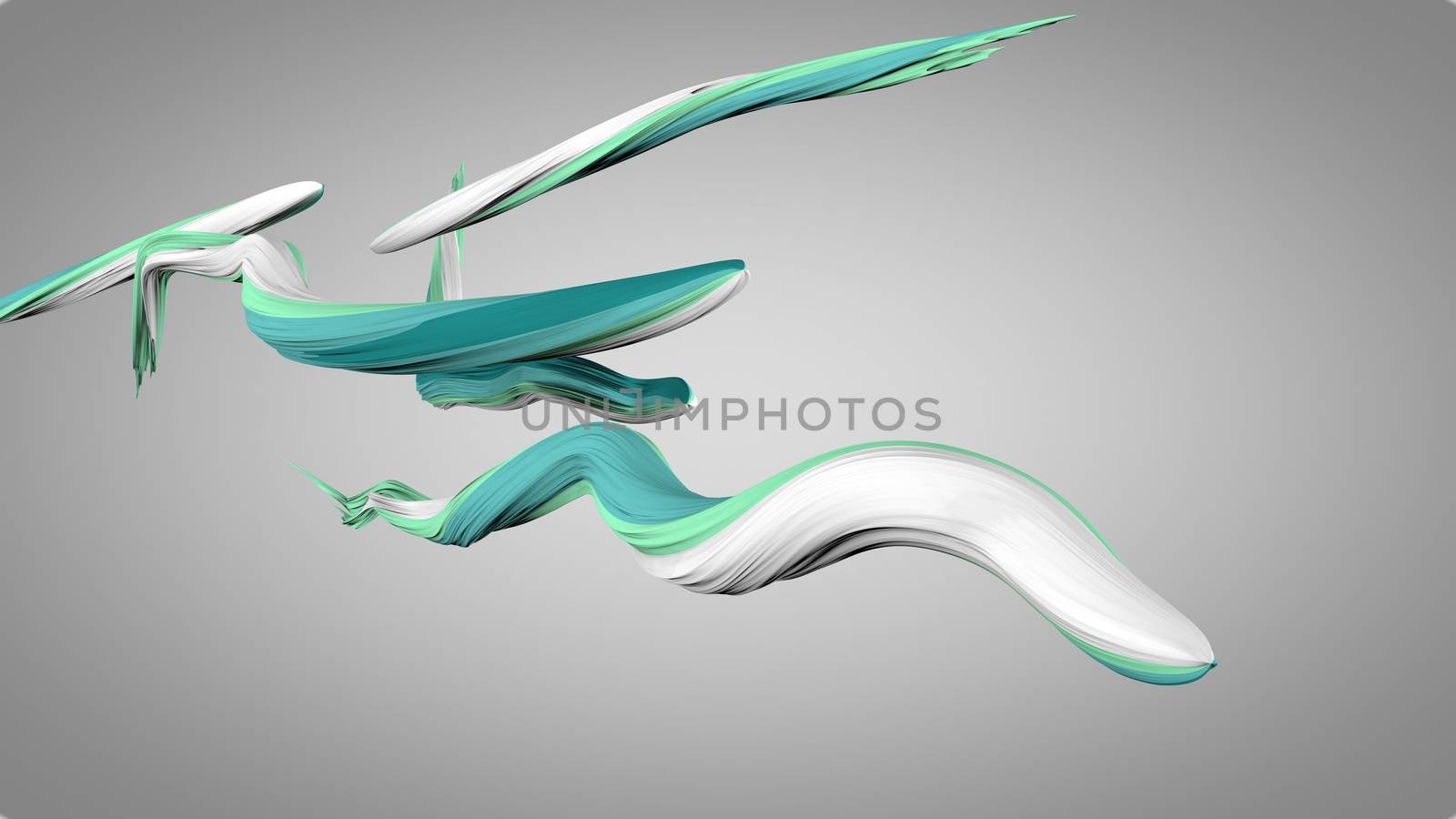 A multidimensional 3d illustration of curling colorful strokes in the grey background. They are of white, blue and turquoise colors. They move askew in a spiral way