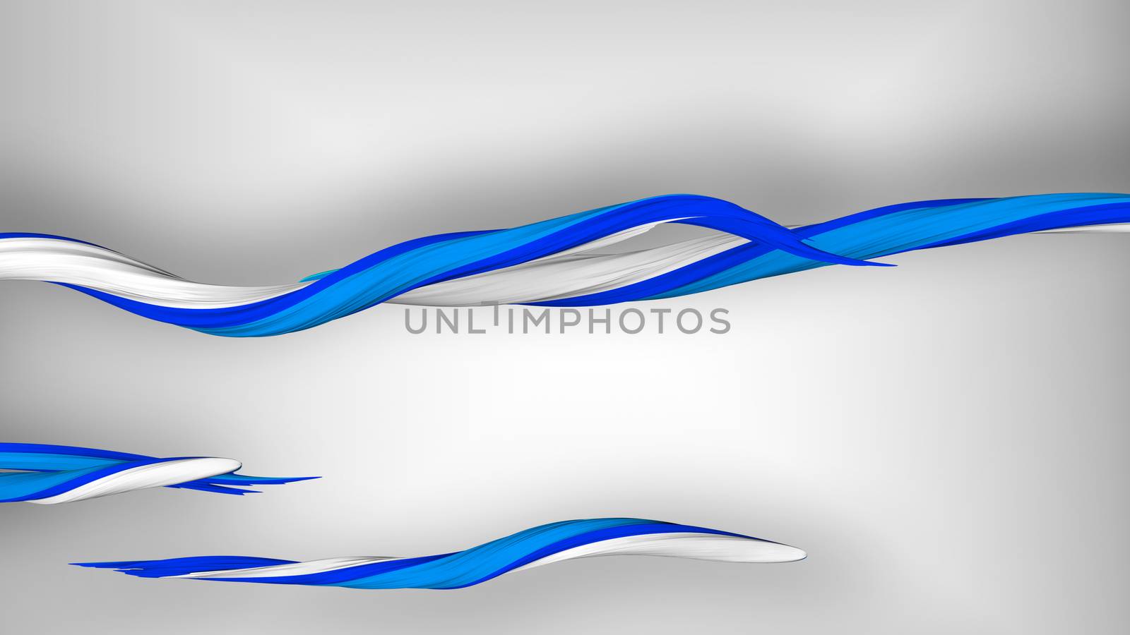 A holographic 3d illustration of coiling multicolored strokes in the grey background. They are of white, blue and turquoise colors. They mingle like wispy eels with each other.