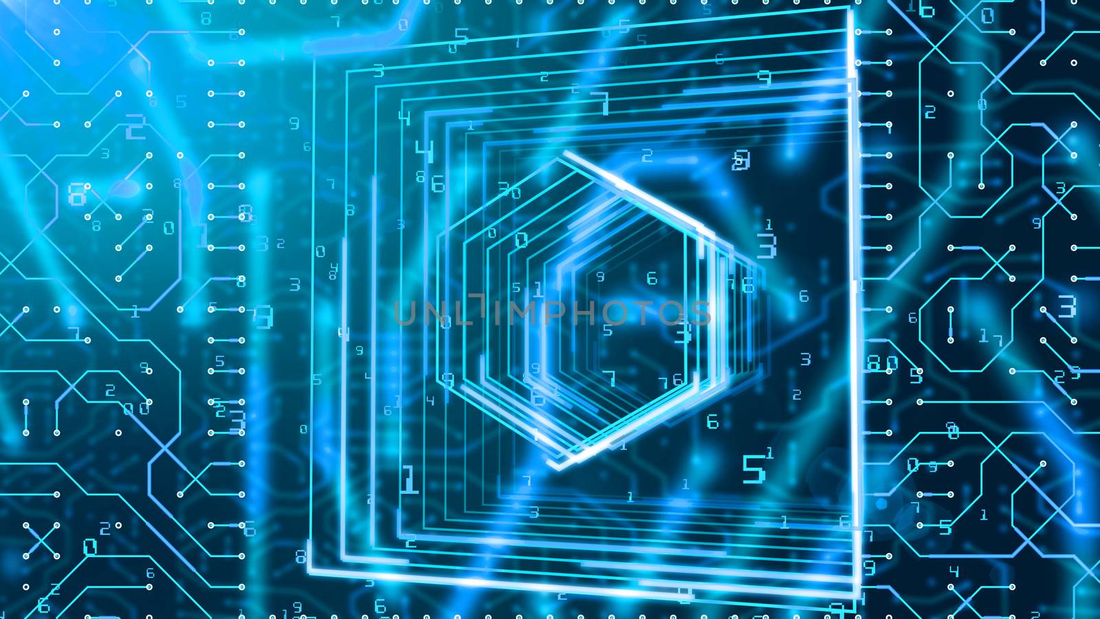 A multidimensional 3d illustration of a circuit board looking like a hexagon with grids and Matrix digits in the black background. The hex, grids and digits are sparkling blue.