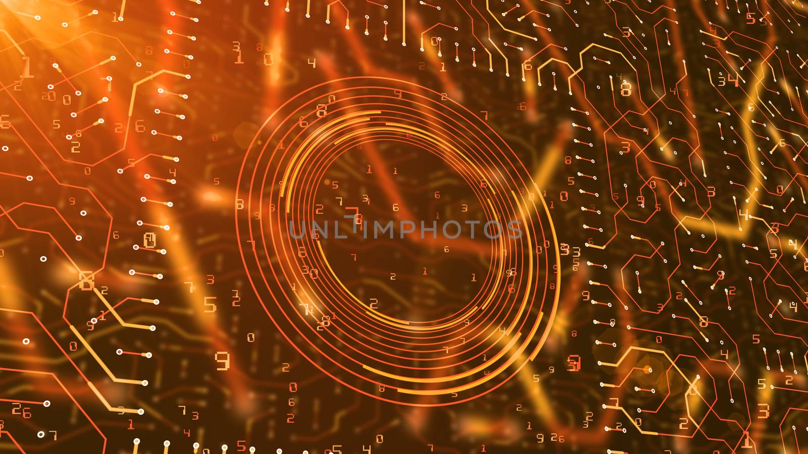 A sci-fi 3d illustration of a circuit board looking like a round tube with ladders and Matrix numbers in the black background. The rounds, grids and digits are shining gold.