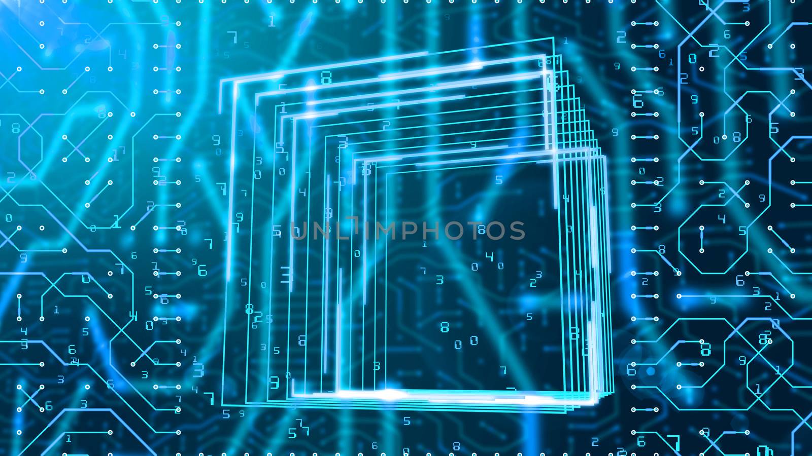 A trailblazing 3d illustration of a circuit board looking like a portal from askew squares with grids and Matrix numbers in the black background. All figures are shining blue.