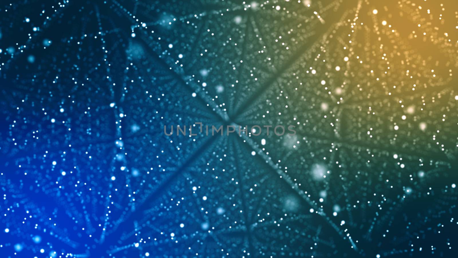 A futuristic 3d illustration of a blue and yellow cyberspace which is spinning around. It is pierced with crystal looking structures made of sparkling spots.