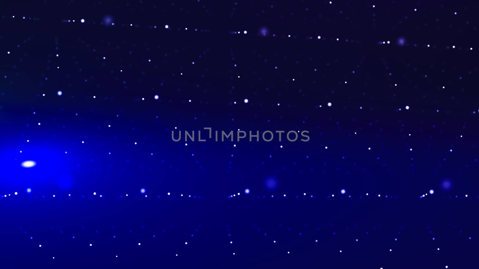 A visionary art 3d illustration of a blue and violet cyberspace. It is transfixed with crystal looking structures made of shining spots placed in long lines.