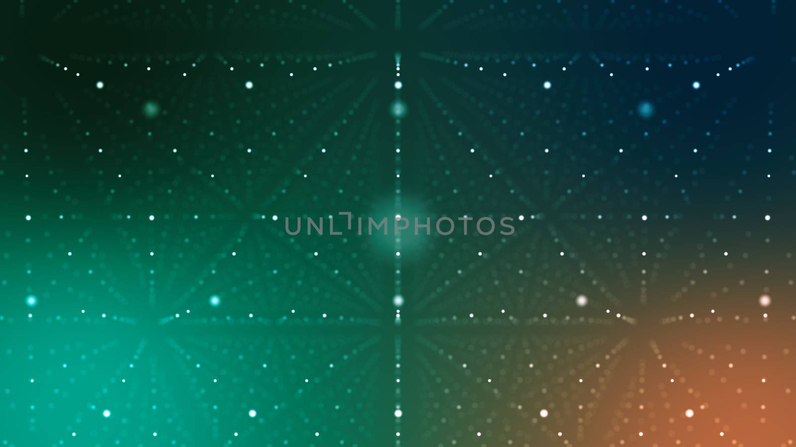 An arty 3d illustration of a dark green and blue cyberspace. It is full of spotted rhombuses with crystal looking structures made of shining dots located in long lines.