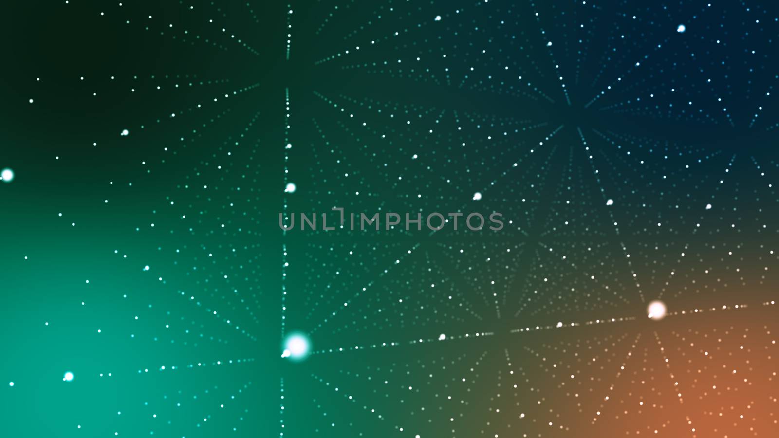 A techno 3d illustration of a dark green and blue cyberspace. It is full of spotted rhombuses with crystal looking structures made of shining dots leading to several bright nodes.