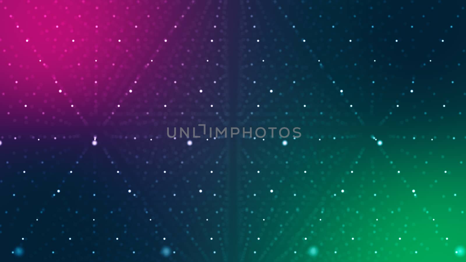 A marvelous 3d illustration of a bright blue, violet and red cyberspace with plasma smears. It is full of dotted lines making rhombus looking structures made of gleaming nodes.