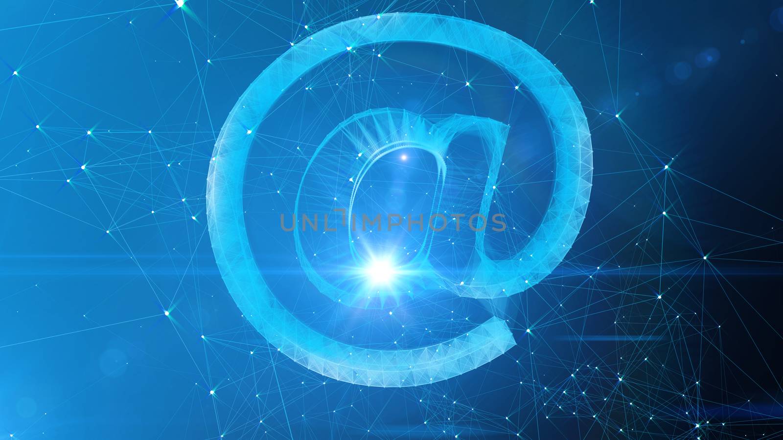 An impressive 3d illustration of a giant crystal at sign placed in the center of a dark blue cyberspace with numerous thin and white lines and connections.