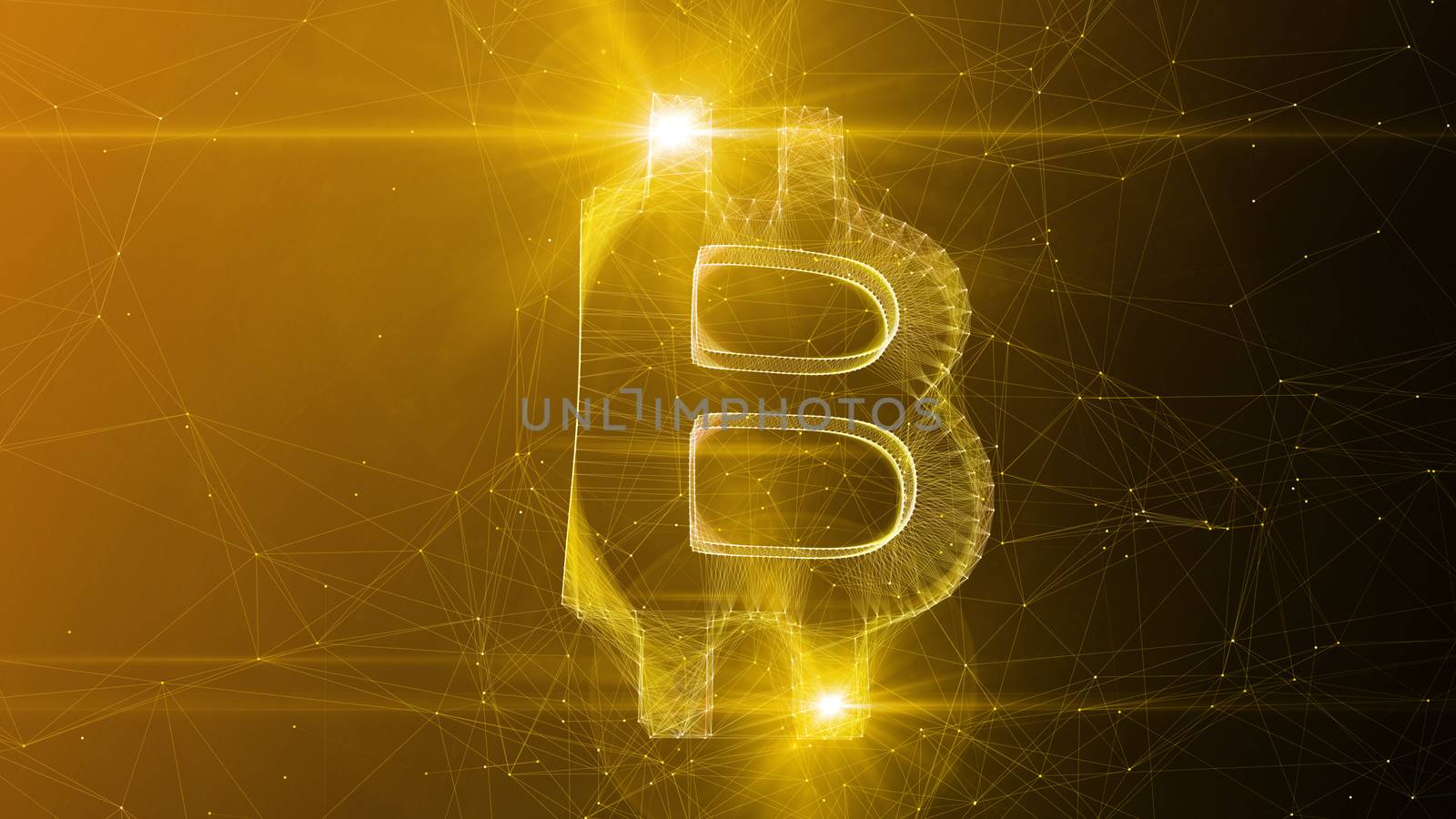 A gorgeous 3d illustration of a beautiful bitcoin sign turned slightly aside. It sways in the center of a golden and brown cyberspace with narrow internet connections.