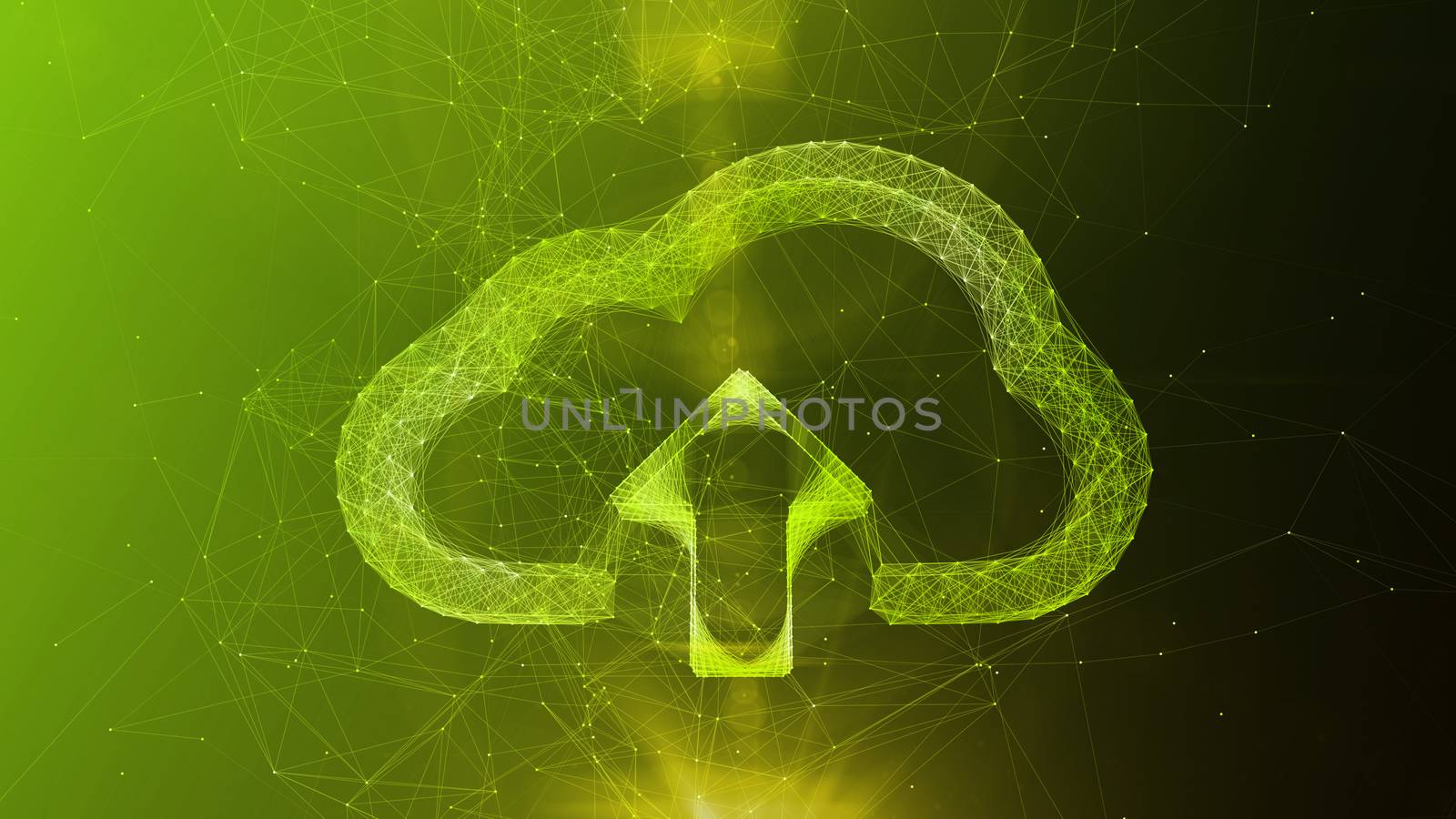 A computer graphics 3d illustration of a crystal cloud software symbol located in the center of a violet and green cyberspace with sparkling lines. It has an arrow inside.