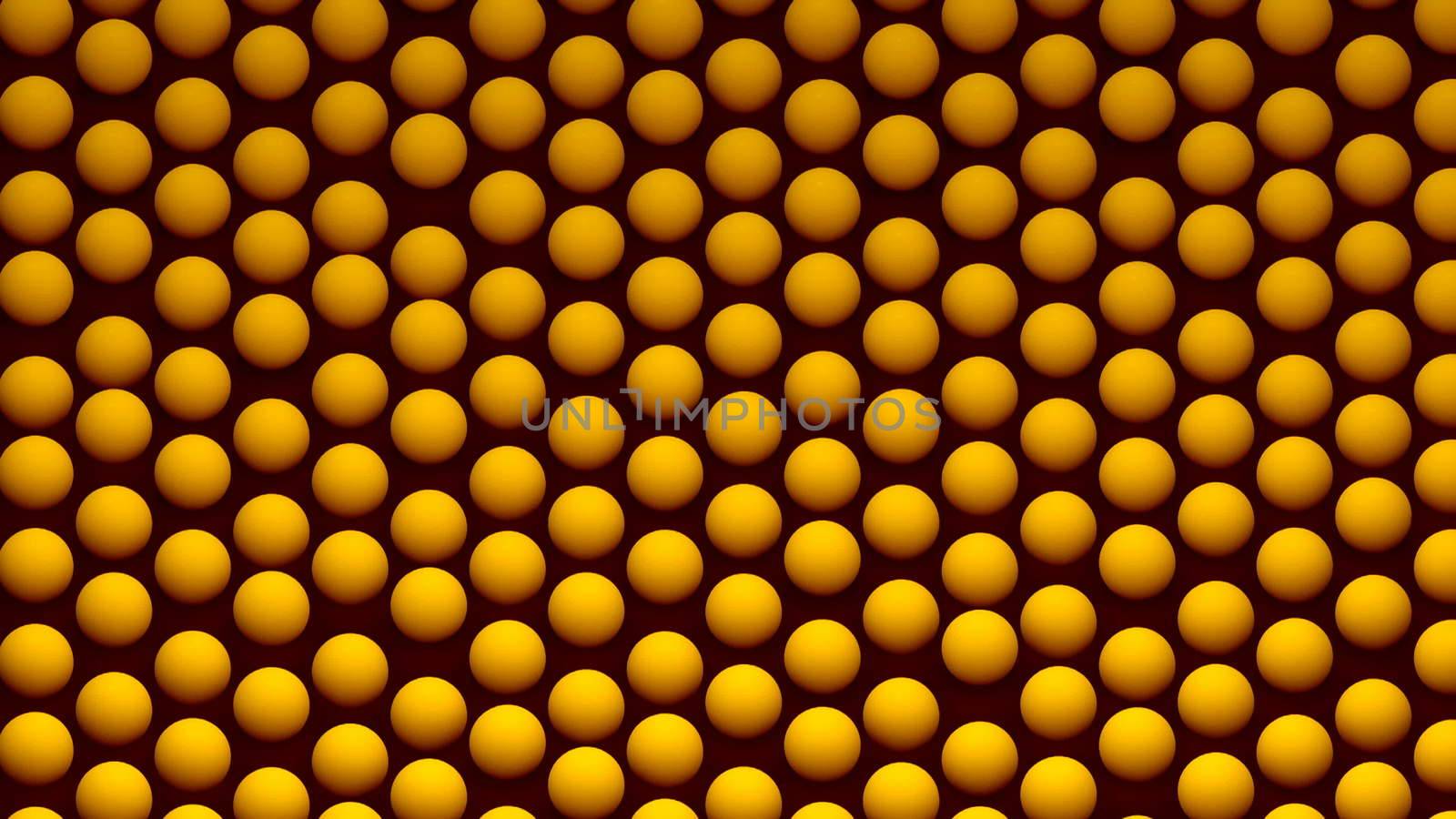 Abstract background with isometric spheres on surface, many objects, 3d rendering