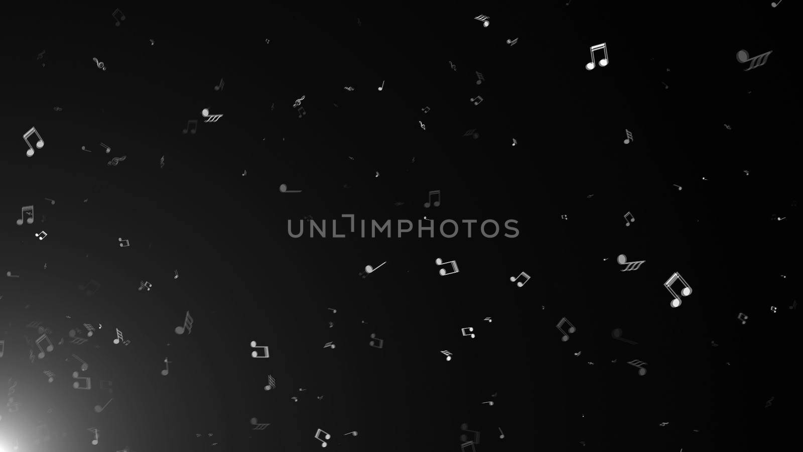 Illustration of abstract background with many flying music notes and light, 3D rendering