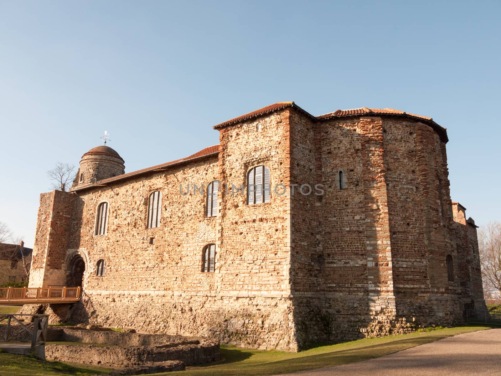 colchester castle full view blue sky spring summer light day; essex; england; uk